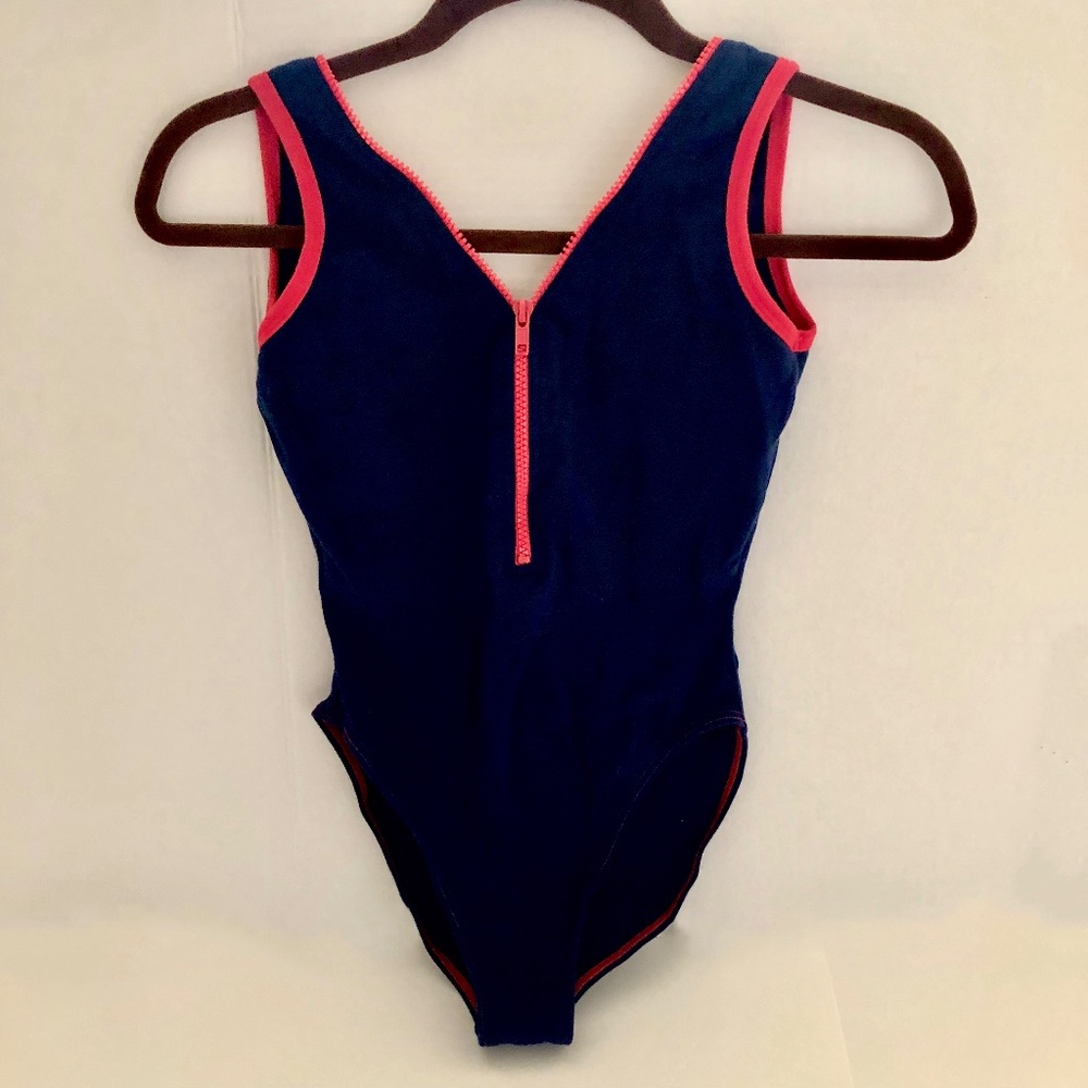 Swimsuit with Red Zippered Front, Navy Blue